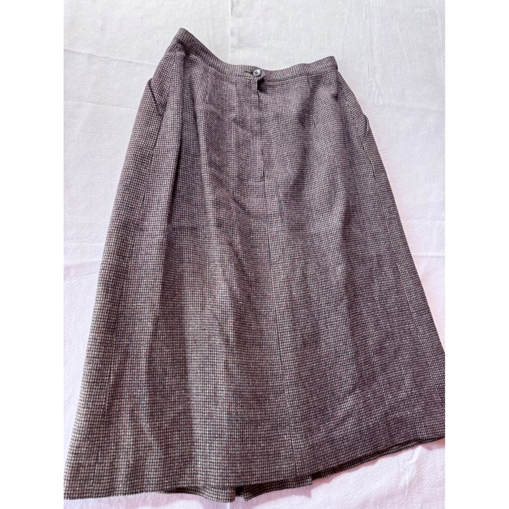 Vintage Wool Blend Houndstooth Midi Skirt High Waist Pleated Burgundy Brown 9/10 - Picture 2 of 4